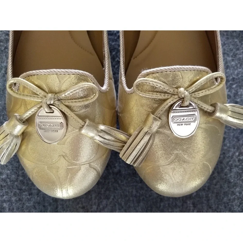 Coach Ballet Flats Womens 8 Dahlila Gold Embossed Signature C Logo Shoes NEW